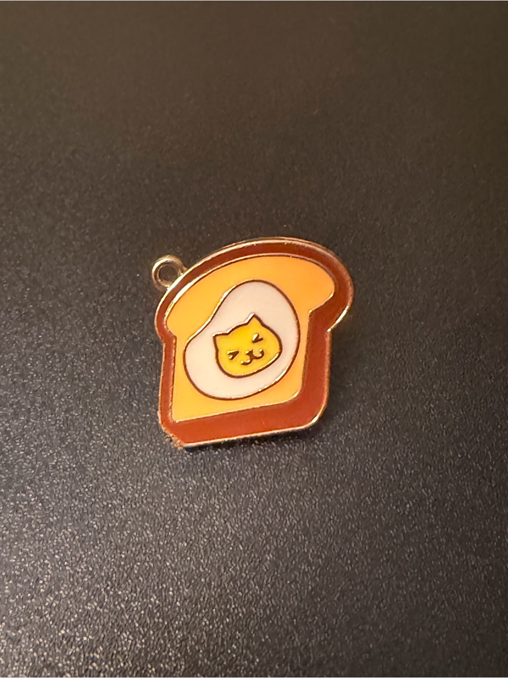 Thrifted Cat Face Toast Enamel Pinback - Brown White Yellow Cat in Toast Design